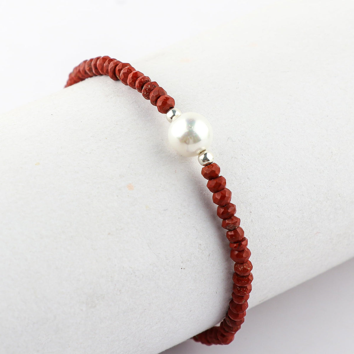CRYSTALINES Natural Red Jasper Gemstones Beads Bolo Bracelets with Pearl, Handmade, Beaded Bracelet, Real Crystals Jewelry, Women Bracelet, Silver Plated Adjustable Chain- 6+4inch, AAA Grade