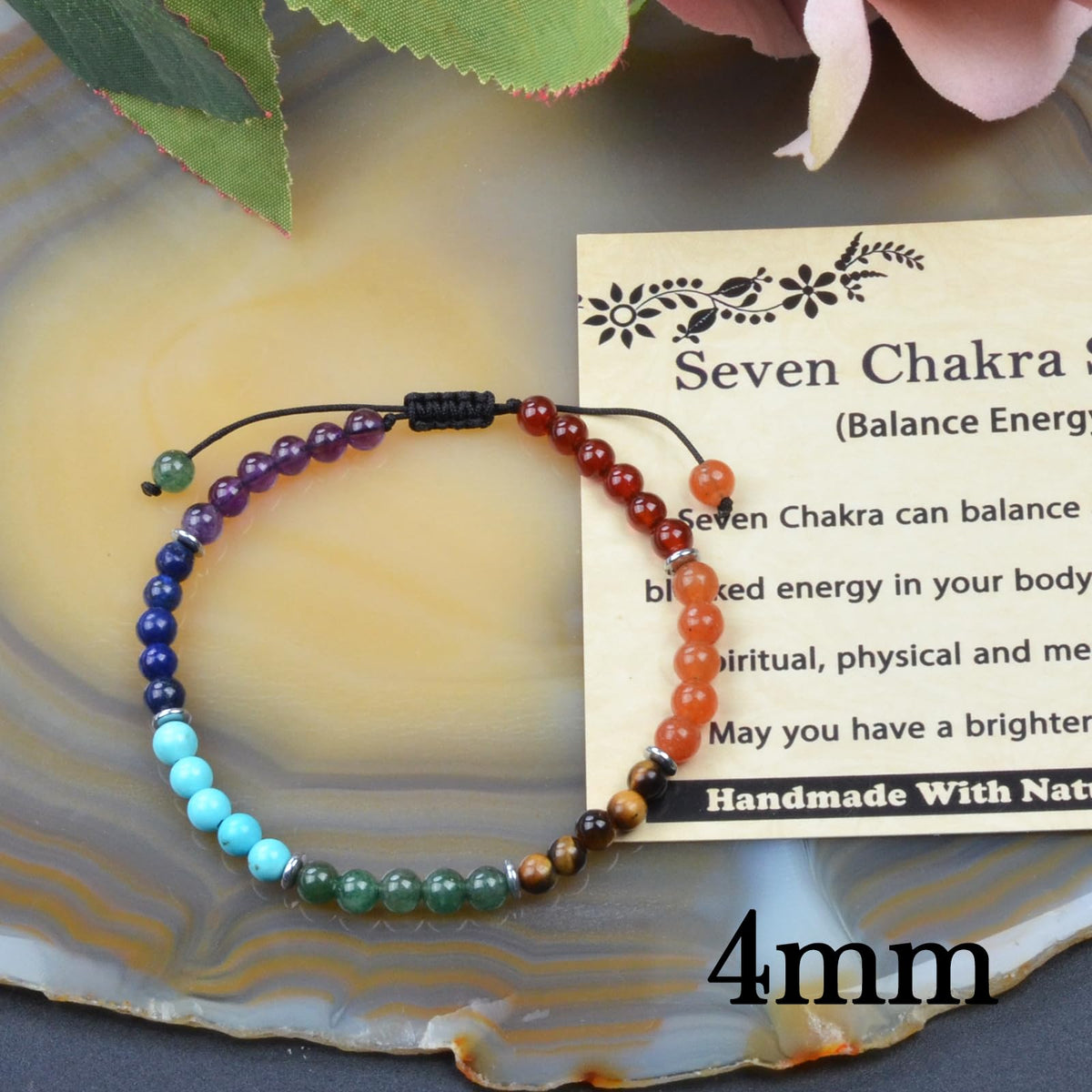 CHCCOYE 4mm Handmade Adjustable Natural Gemstone Crystal Bracelet Healing Power Energy Inspirational Gifts with Card for Unisex (Seven Chakra Stones)