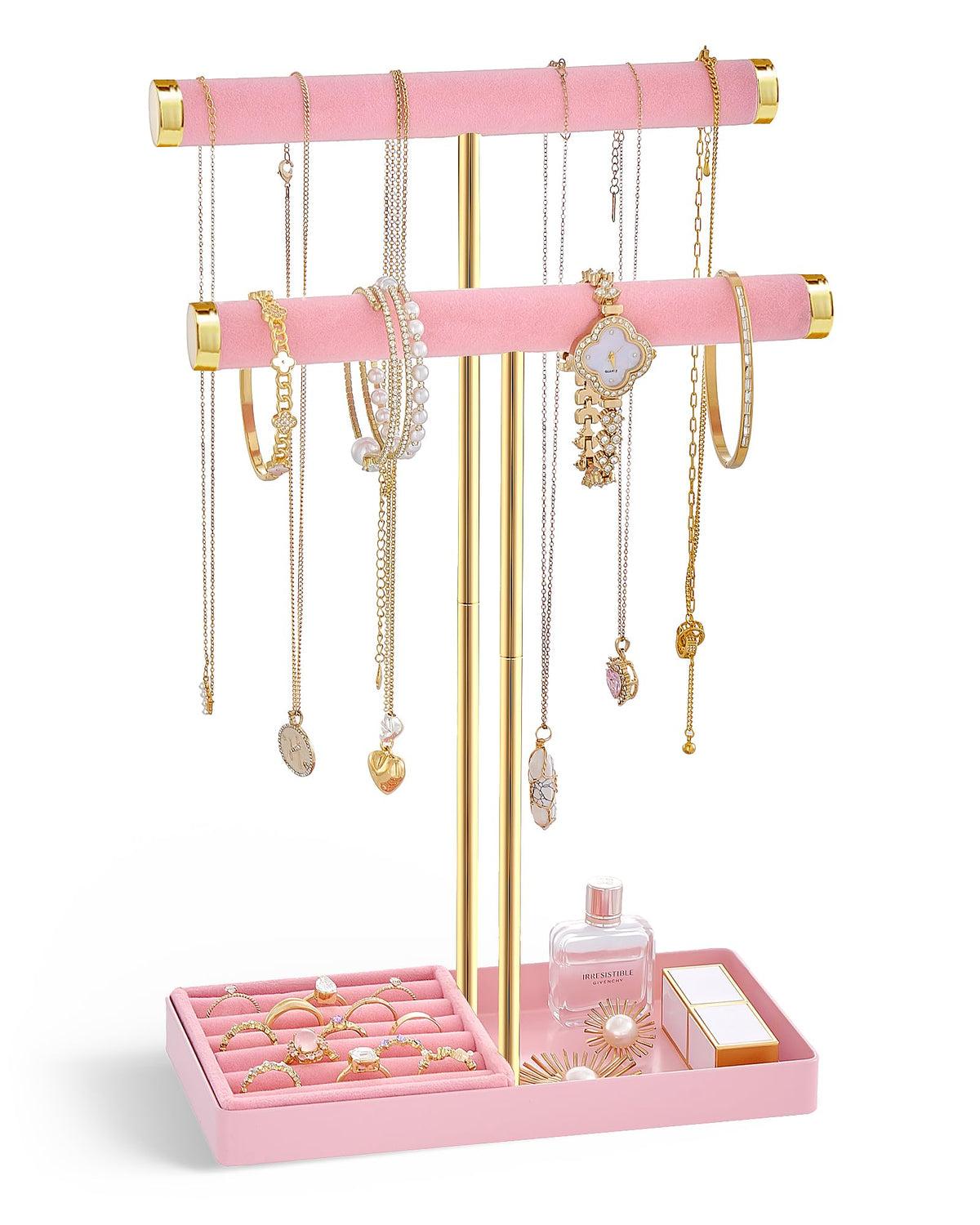 Lolalet 2-Tier Necklace Holder Display, Velvet Wrapped Jewelry Organizer with Removable Ring Tray, Tall Bracelet Stand for Bangles Watches Earrings, Gifts for Mom Girls Women Mother's Day -Pink