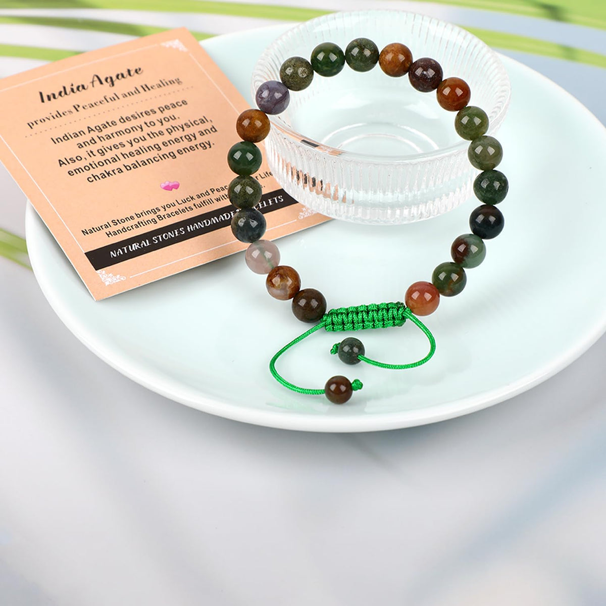 AD Beads 8mm India Agate - Peaceful - Handmade Natural Stone Crystal Bracelet with Adjustable Macrame String - Yoga Healing Power Energy Gifts for Men and Women