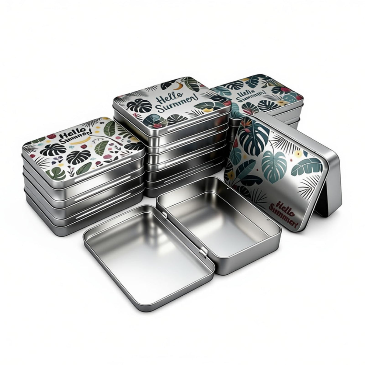 Goodma 12 Pack Empty Rectangular Silver Metal Tins Storage Organizer Gift Boxes with Hello Summer Themed Image Pattern on the Lid, 4.5 x 3.3 x 0.9 inch