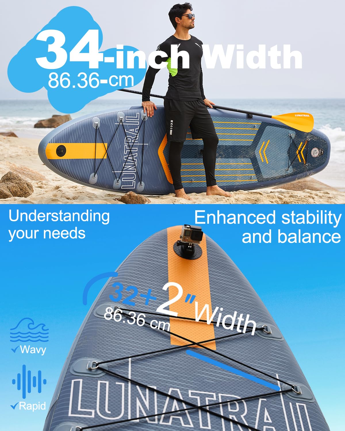 【11'×34"】 Extra Long/Extra Wide Premium Inflatable Stand Up Paddle Board (SUP) – Portable & Lightweight for Yoga, Surfing, Family Fun | Complete Kit with Paddle, Pump, Bag | Durable Design