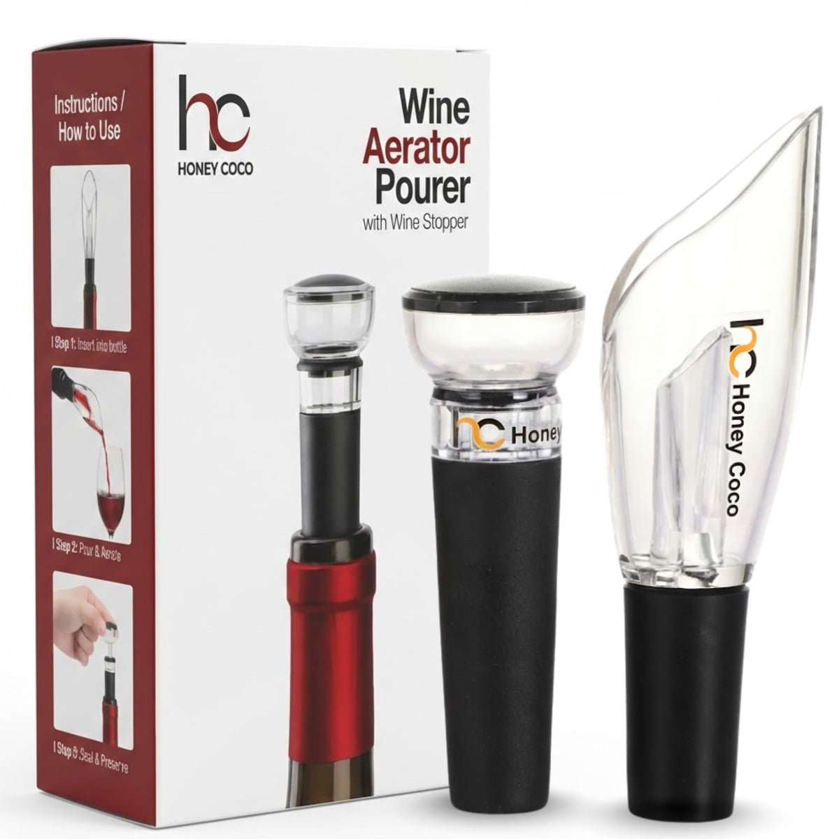HC Honey Coco Wine Aerator Pourer + Vacuum Pump Stopper, 2-Piece Wine Saver Set, Drip-Free Pour Spout for Smoother Taste, Preserves Open Bottles, Gift-Ready Wine Accessories