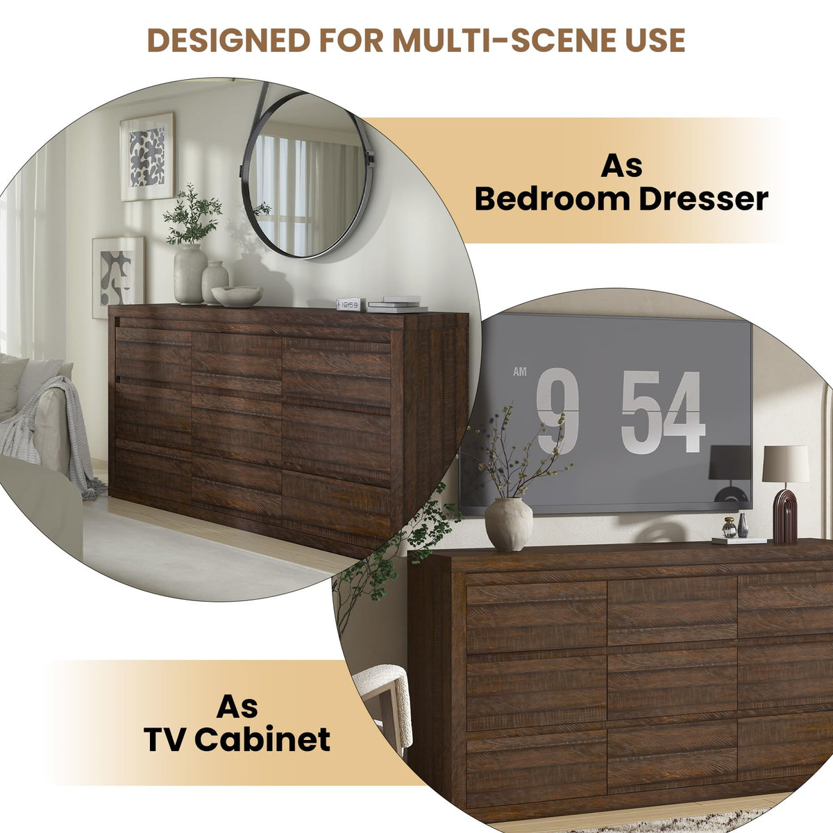 Garvee Modern 9 Drawer Dresser for Bedroom, Wide Chest of Drawers with Anti-Tipping Device, Wooden Storage Cabinet and TV Stand for Closet, Living Room or Hallway,Brown