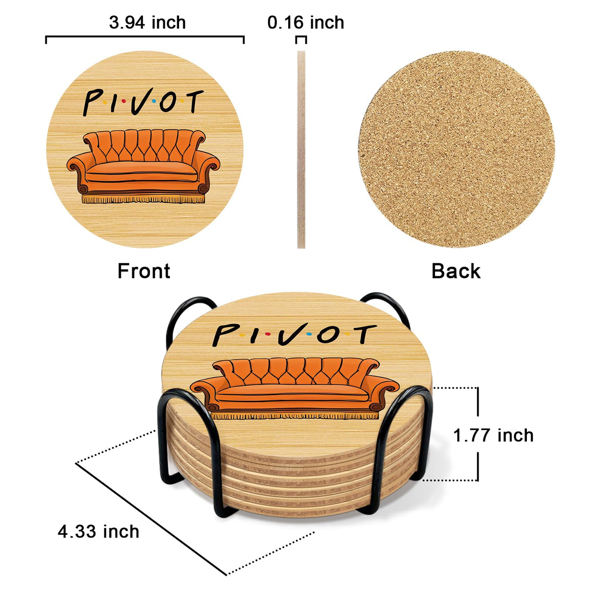 6 PCS Friends Cork Coasters for Drinks, Friends TV Show Merchandise, Funny Wooden Coasters for Drinks with Coaster Holder Home Kitchen Decor, Friend Themed Gifts for Fans