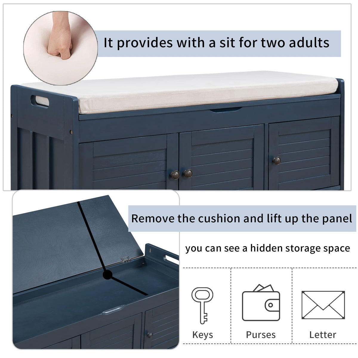 Merax Farmhouse Wood Shoe Bench with Seat Cushion Window Storage Cabinets for Entryway Hallway Living Room Antique Navy
