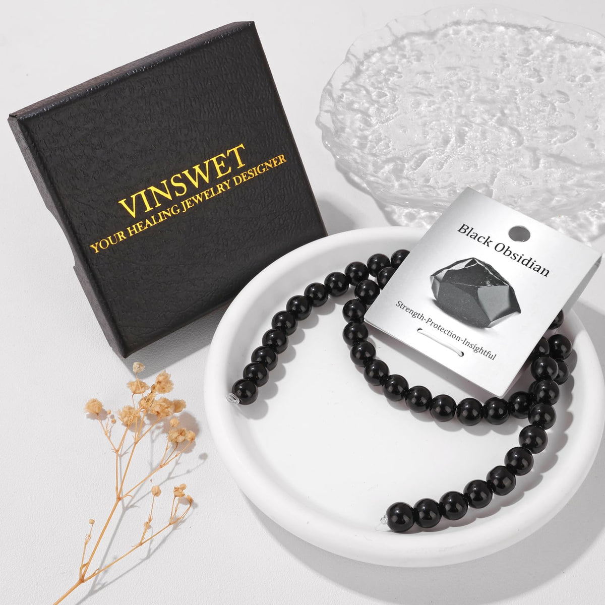 Vinswet 45pcs 8mm Black Obsidian Natural Stone Beads Round Genuine Real Stone Beading Loose Gemstones DIY Smooth Bead for Bracelet Necklace Earrings Jewelry Making