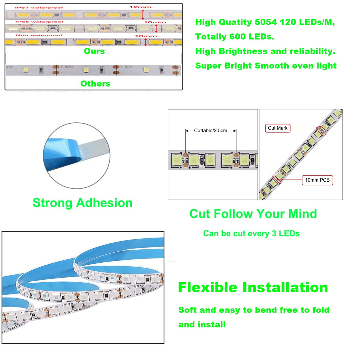 HAASHADA LED Lights Strips, Super Bright DC12V 5m/16.4ft 15000LM SMD5054 (5050 Upgraded) 600 LEDs Strip Lights, Dimmable Flexible LED Ribbon Tape Strips, Non-Waterproof Green