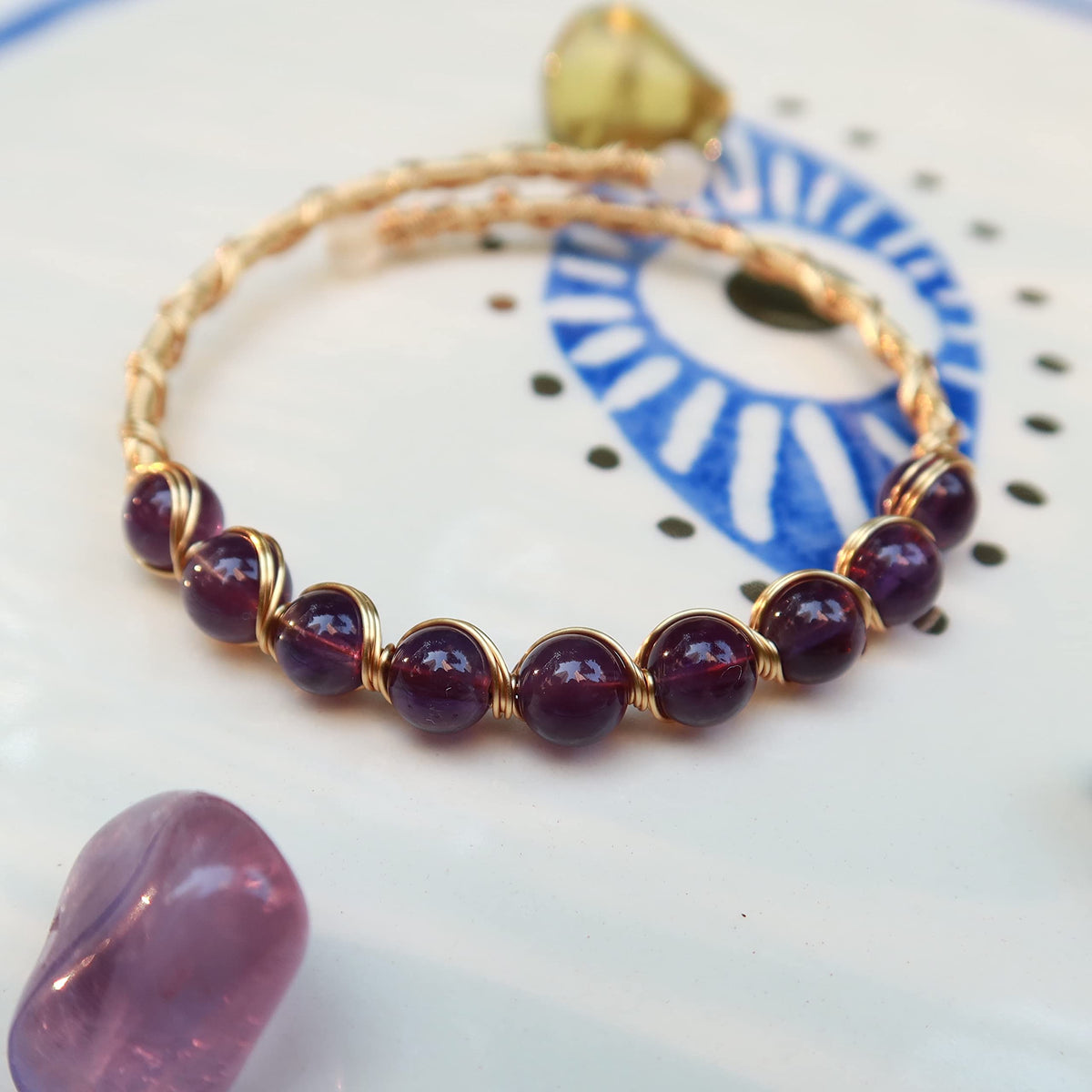 PSEEHEE Handmade Genuine Amethyst Beads 14k Gold Filled Wire Wrapped Bracelet, Birthstone Chakra Healing Crystal Chips Adjustable Bangle Cuff Jewelry Gift for Women Men