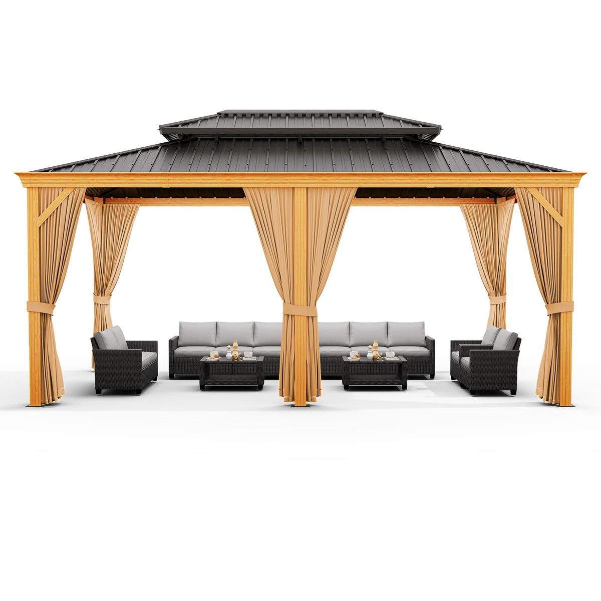 GAOMON Heavy Duty Aluminum Hardtop Gazebo with Double Metal Roof – Mosquito Netting & Privacy Curtains – Durable Outdoor Pavilion for Patio, Garden, Deck, Backyard, Lawn – Black Spray, Gray Cloth,