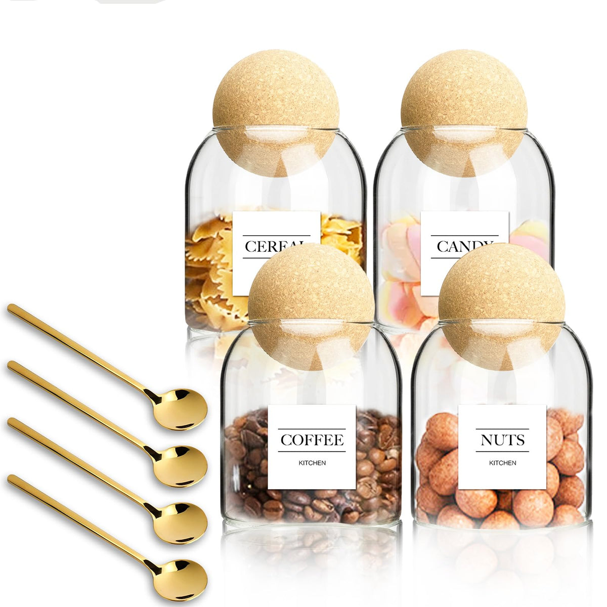 4PCS Glass Jar Storage Container with Ball Cork, 500ML/17Oz Food Storage Containers Clear Wood Cork Bottle Candy Jars Coffee Canister for Beans Nut Sugar Spices Seasonings Kitchen Organizer Christmas