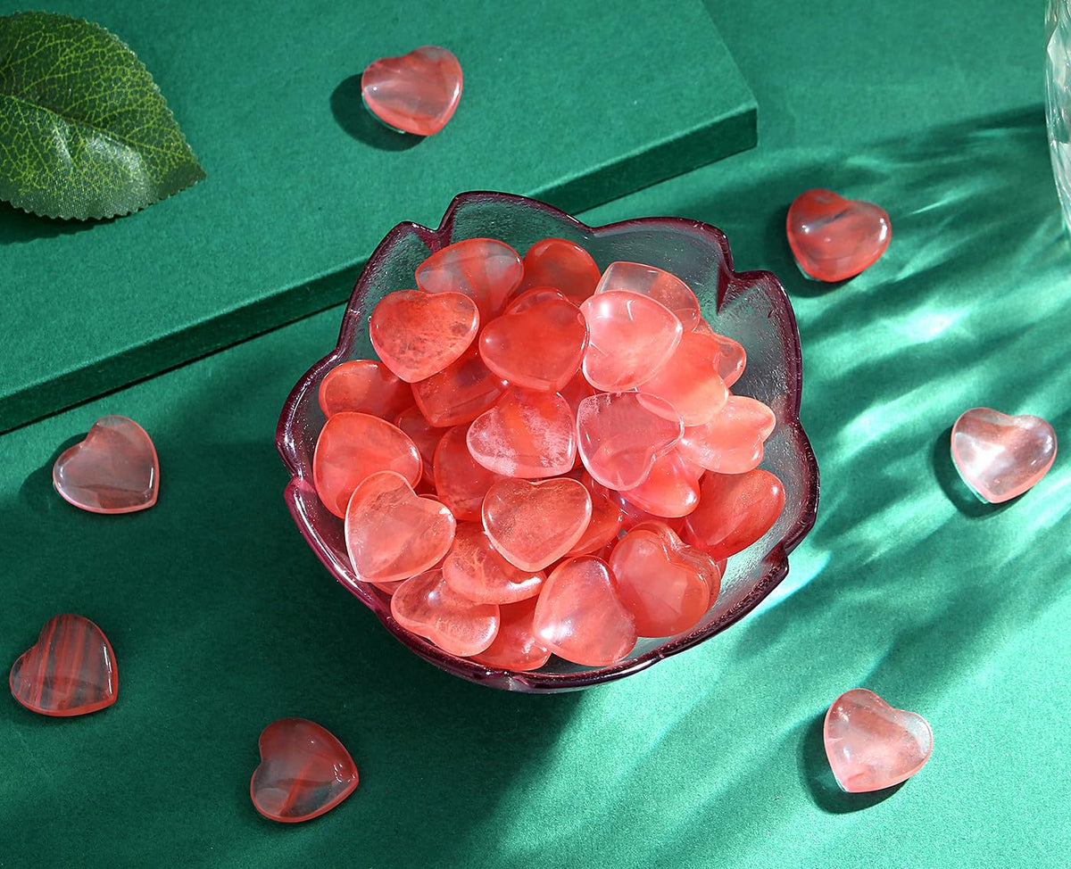 QINJIEJIE 20PCS Cherry Quartz Heart Stones Crystals Bulk Love Shaped Worry Stone Heart Rock Pocket Polished Palm Gems Crystal Reiki Balancing Wholesale Carved Stone Decor Gift