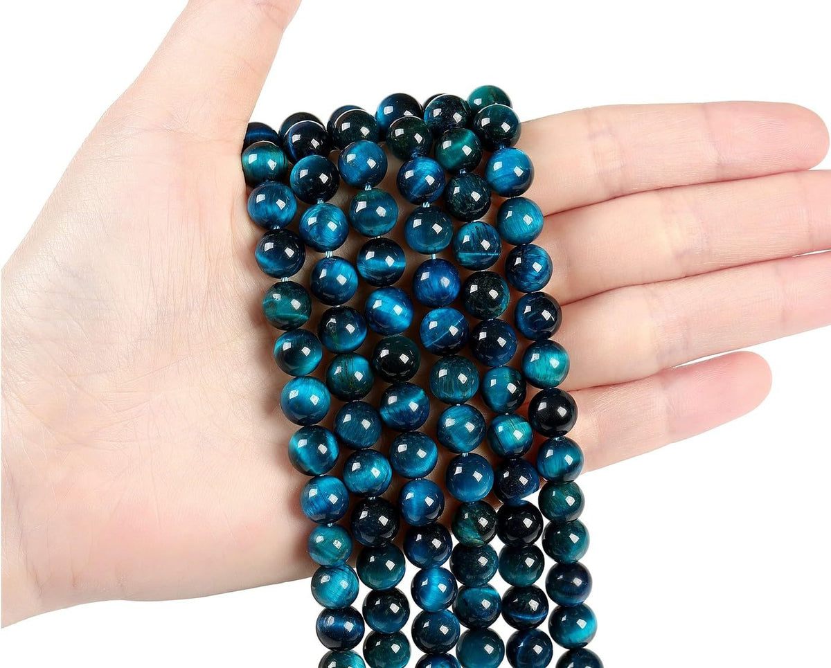 LAIDANLA Aquamarine Tiger's Eye 8mm Natural Stone Beads Round Loose Gemstone Stone Beads for DIY Bracelet Necklace Earrings Jewelry Making Polishing Beading Crystal 96PCS 2 Strand 32"
