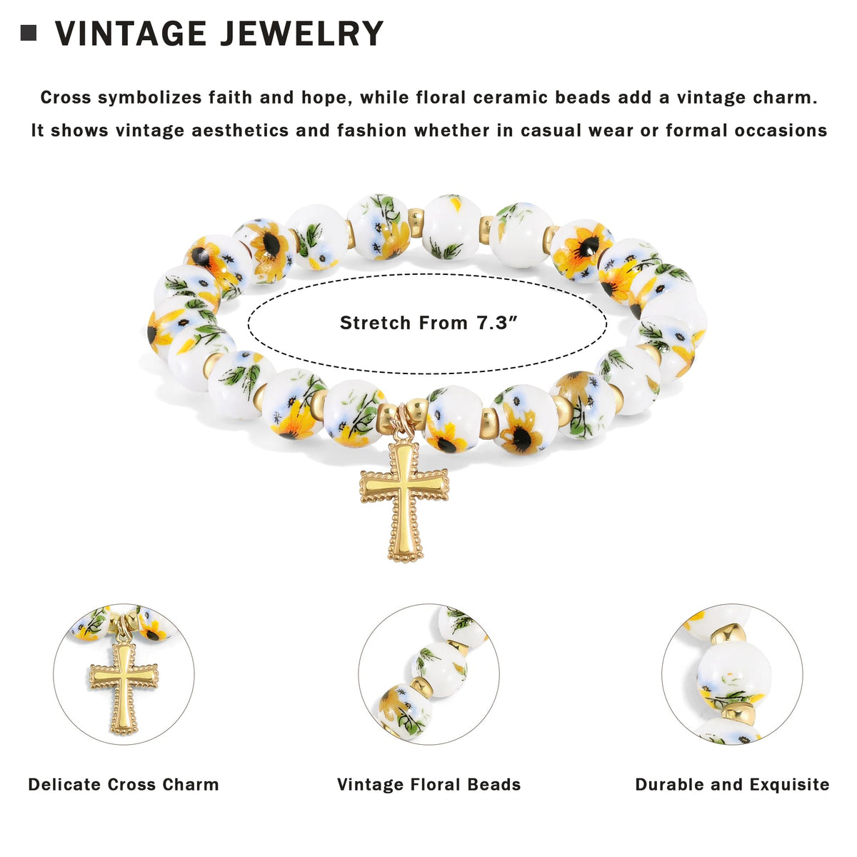 VIBILIA Cross Bracelets for Women, Cross Charm Vintage Jewelry, Sunflower Beaded Bracelet, Gold Handmade Stretch Jesus Baptism Christian Birthday Gifts for Women on Easter Mother's Day, Sunflower