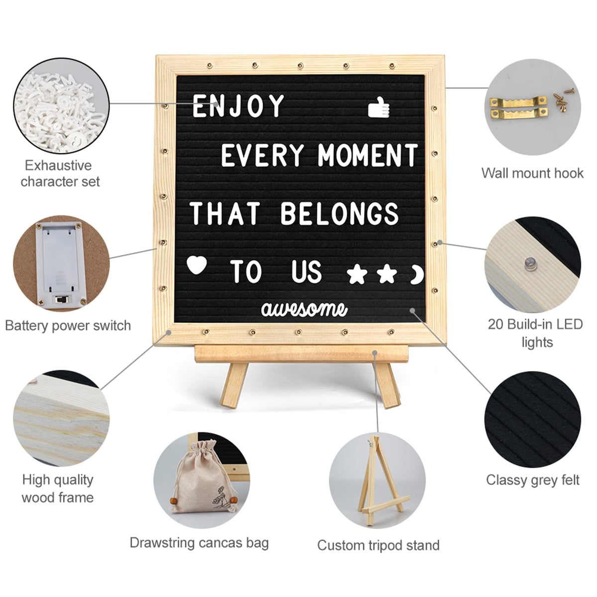 Black Felt Letter Board with Lights (10*10), 340 Letters Built-in LED Lights -Message Board Adjustable Stand, for Menus, Pregnancy Announcement, Baby Announcement Signs, Weddings, and Party Planning