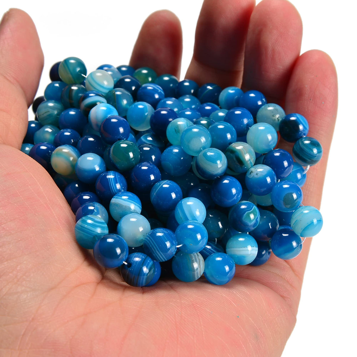 jodaying 10mm Blue Stripe Agate Smooth Round Natural Gematone Loose Beads for Jewelry Making DIY Findings 1 Strand 15"