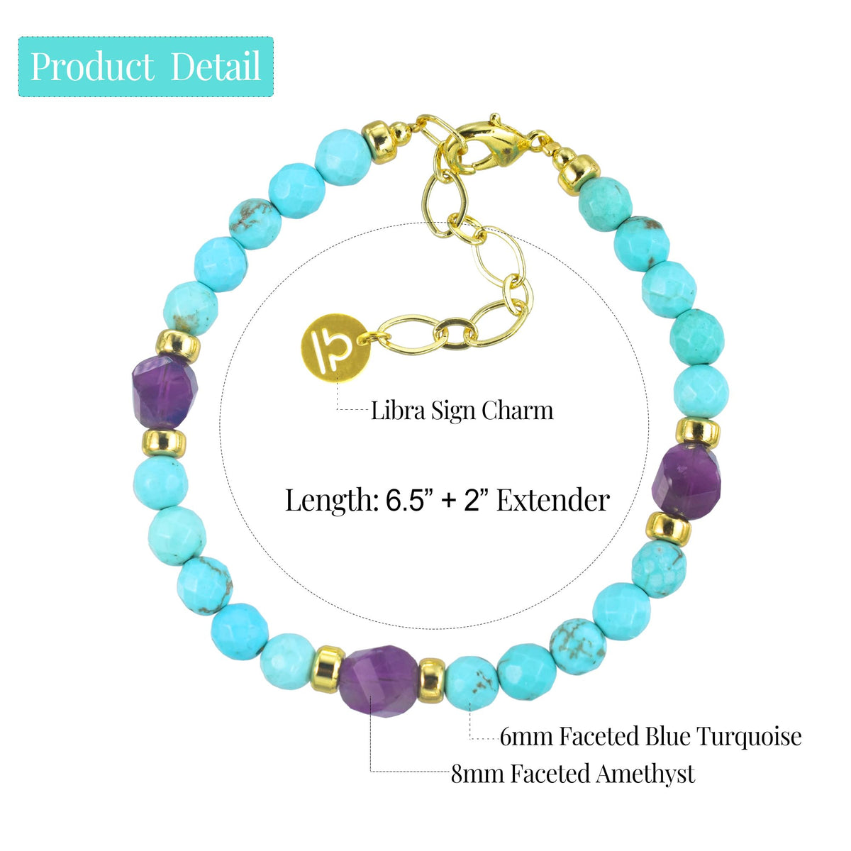 Ayriwoyi Libra Zodiac Bracelet for Women Blue Turquoise Amethyst Crystal Healing Stone Bracelet with Gold Horoscope Spiritual Bracelet Astrology Jewelry Gift for Women
