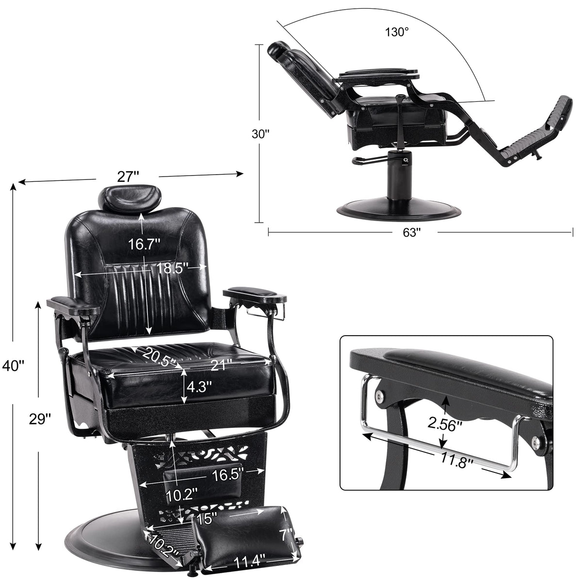 BarberPub Heavy Duty Metal Vintage Barber Chair All Purpose Hydraulic Recline Salon Beauty Spa Chair Styling Equipment 2925 (All Black)