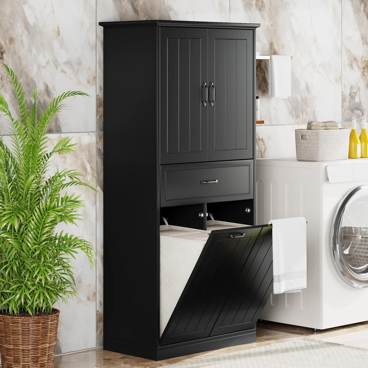 Virubi Tall Tilt Out Laundry Cabinet with 2 Tilt Out Laundry Hamper, Wood Bathroom Storage Cabinet with Doors,Drawers and Adjustable Shelves Freestanding (Black)
