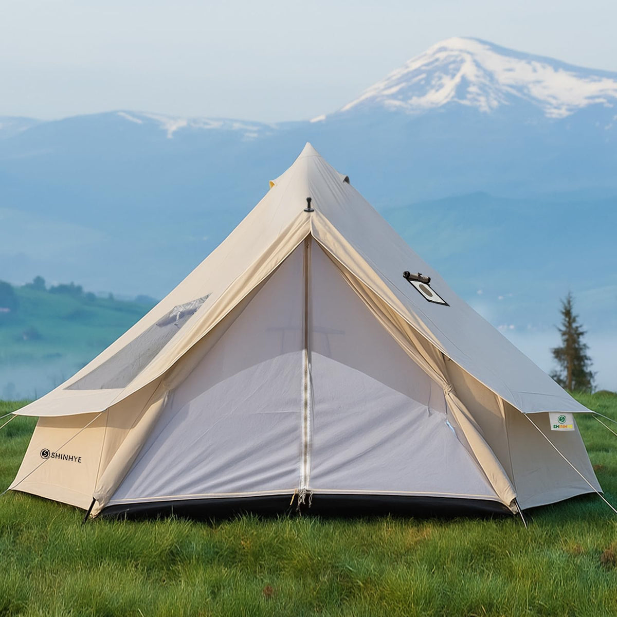 Bell Yurt Tent, Waterproof Luxury 4 Season Hot Tent with Stove Jack/Air Conditioner Vents/2 Skylight for Family Outdoor Camping Oxford Glamping Tents for All Year Living (Beige Oxford 5M Yurt)
