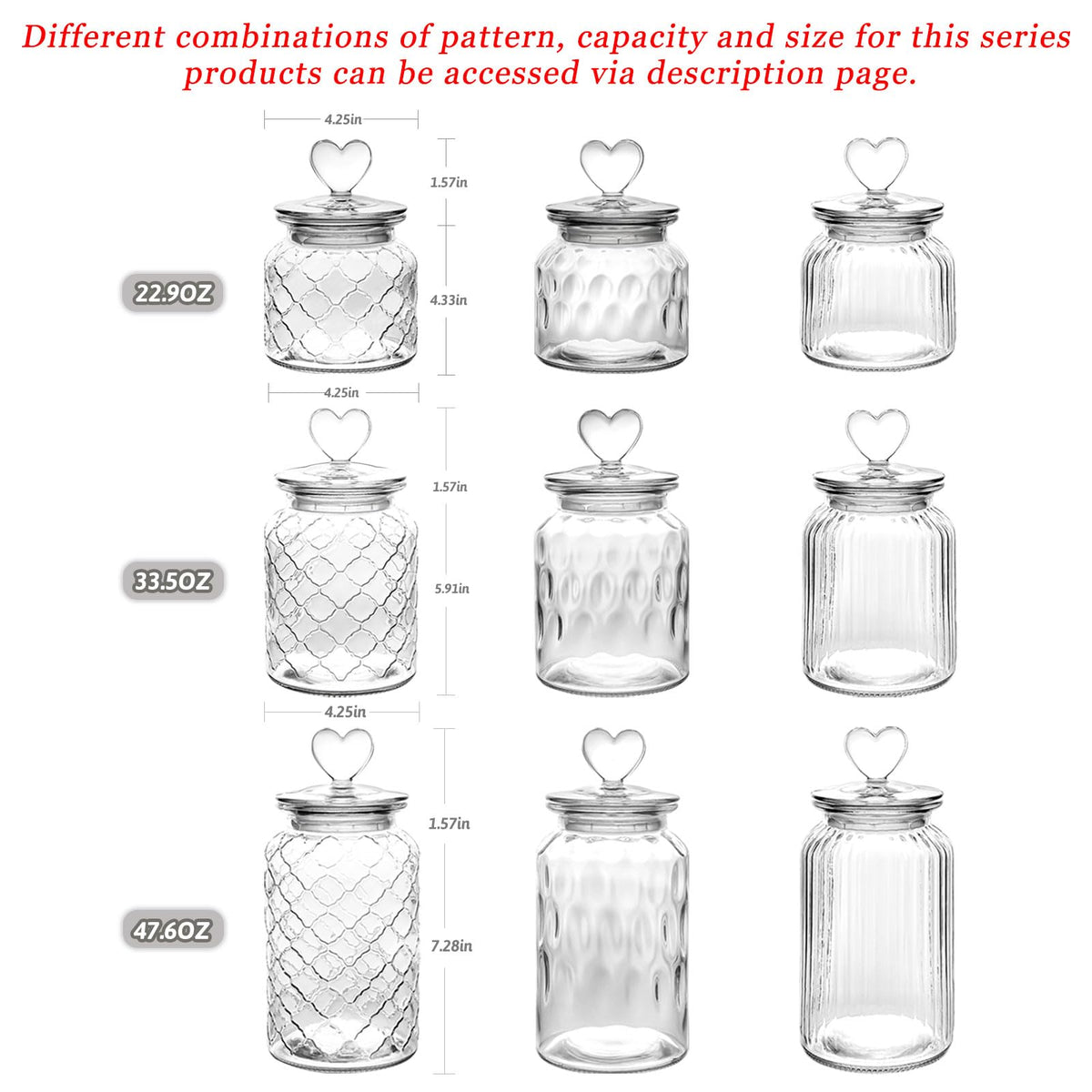 WHJY Set of 2 Airtight Glass Jars, 45oz Jar of Hearts Cute Cookie Jar Decorative Jars with Lids Candy Jars for Candy Buffet Heart Shaped Lid - Stripes Textured