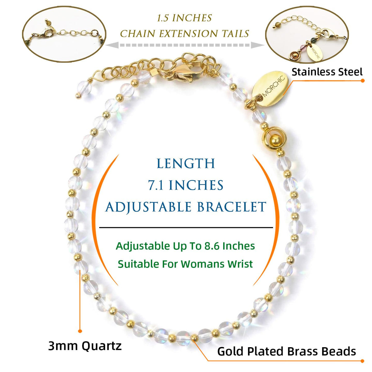 Morchic 3mm Clear Quartz Tiny Beads Bracelet for Women, Adjustable 7.1" Dainty Handmade Energy Gem Jewelry, Birthday Gift