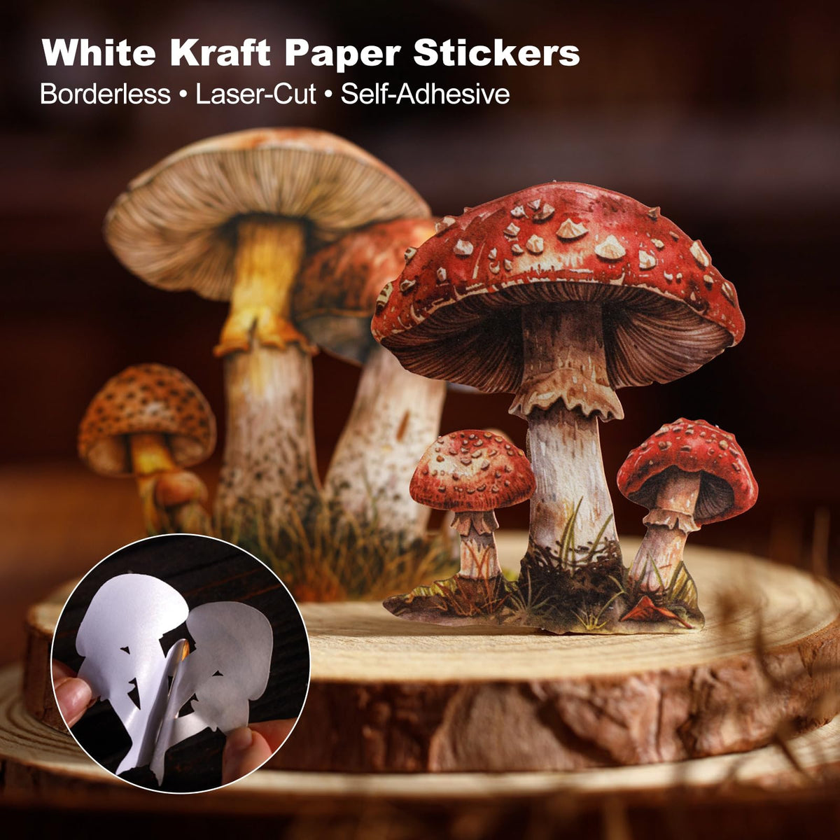 Moriquill 150PCS Mushroom & Text Label Stickers Set, Retro Botanical Specimen Die-Cut Pack – Writable White Kraft, Peel & Stick for Scrapbooking Journals Collage DIY Crafts Décor