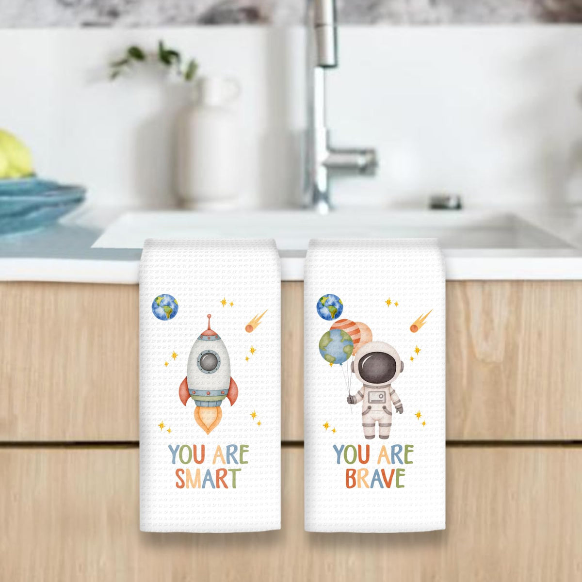 OINDADE Space Kids Hand Towels Set of 2, Space Nursery Decor Hand Towels, Inspirational You are Smart Brave Dish Towel Tea Towel for Kitchen, Astronaut Boys Kids Nursery Bathroom Decor,16x24In