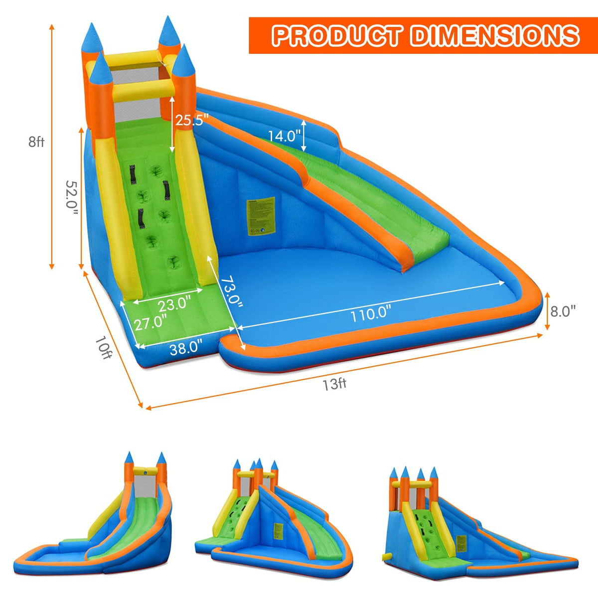 Costzon Inflatable Water Slide, Giant Bouncy Waterslide Park for Kids Backyard Outdoor Fun w/ 480w Blower, Climbing, Splash Pool, 2-pcs, Blow up Water Slides Inflatables for Kids Party Gift