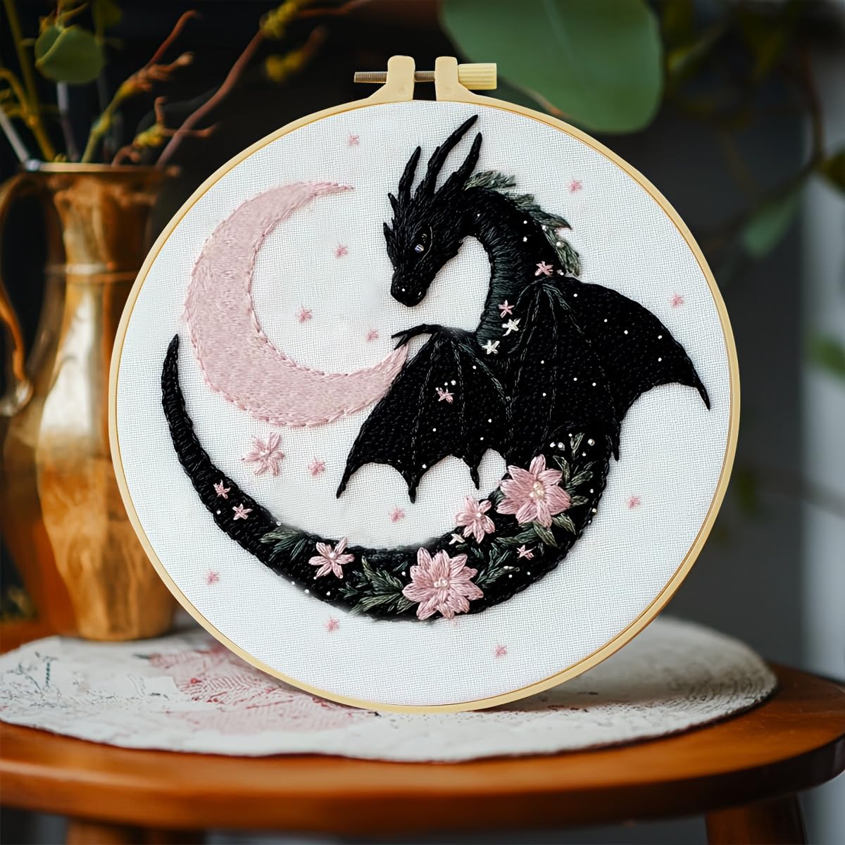 JOZYSH Black Dragon Handmade DIY Embroidery kit,Suitable for Adult Beginners,Includes Embroidery Cloth, Instructions, Embroidery Frame and Needle and Thread, Suitable for Holiday Gifts (Dragon)