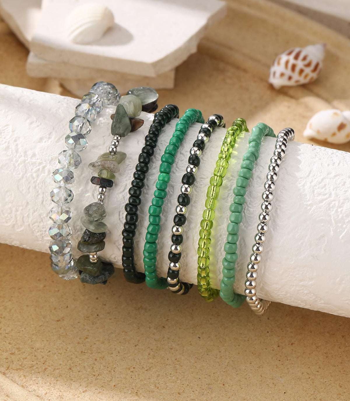 Noessla Boho Beaded Bracelets for Women Stackable Irregular Natural Stone Bead Stretch Bracelet Set 8PCS Costume Jewelry Gifts for Her(Green)