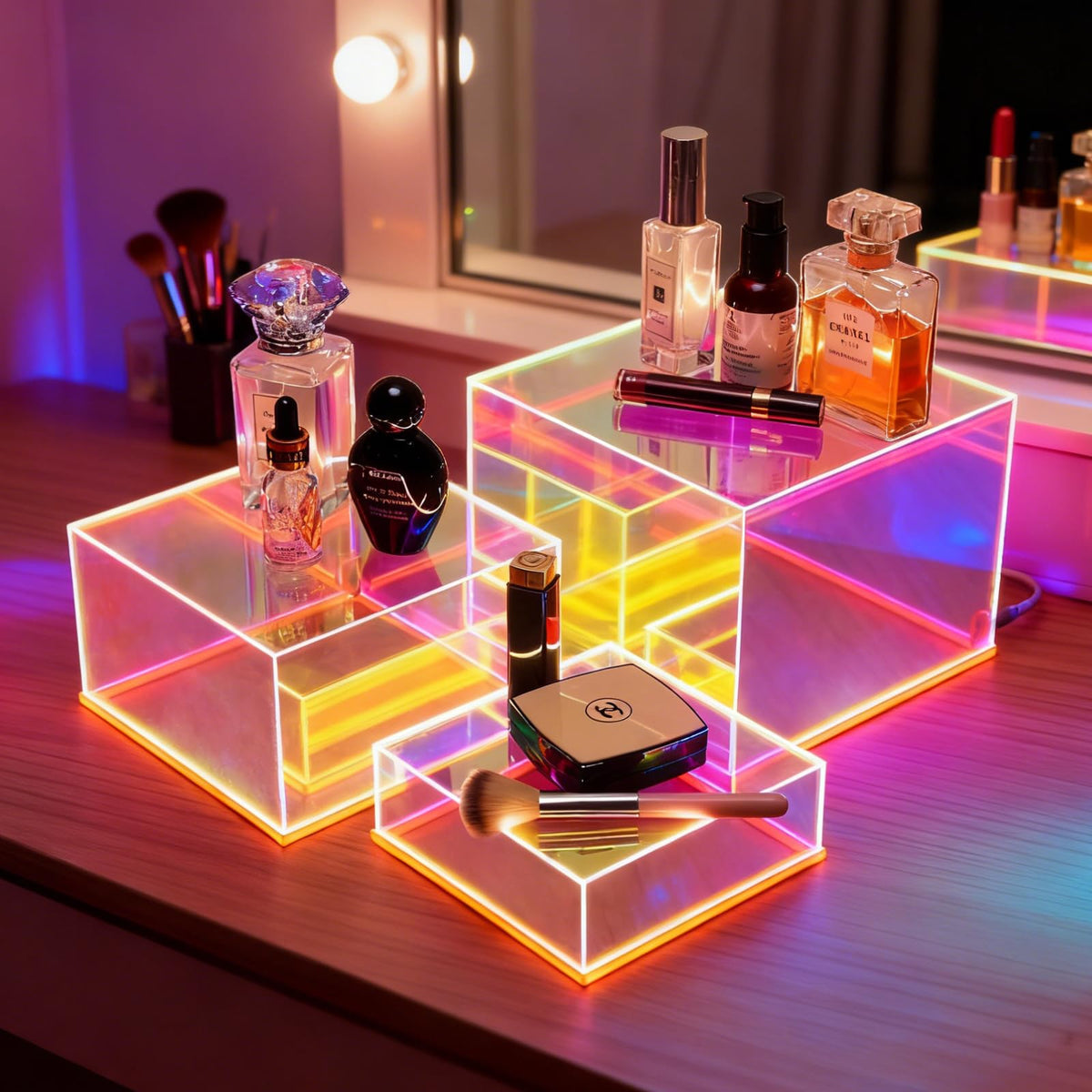Prismatic Iridescent Display Risers with Plug and Play LED Lights, 3pc-6" 7" 8" Stackable Lighted Cube Box for Figures Jewelry Perfume Purse, Neon Acrylic Display Stands, Rainbow Food Buffet Riser