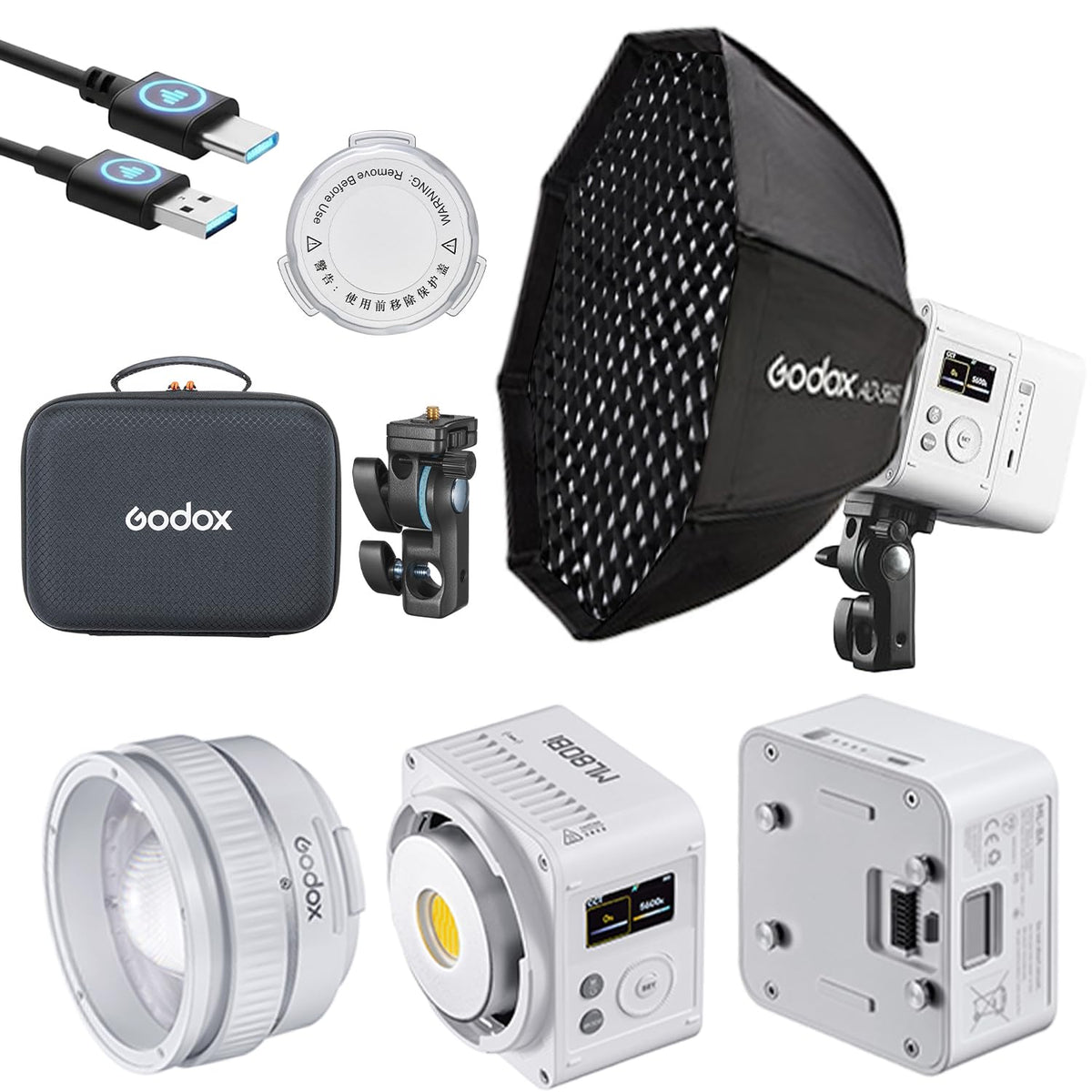 Godox ML80Bi LED Video Light Bi-Color, 100W 2800K-6500K, 29600Lux@1m CRI96+ TLCI96+, APP Control, USB-C, w/ML-Z Reflector & 95Wh Battery, 11 FX 0-100% Dimming for photography, with AD-S60S Softbox Kit