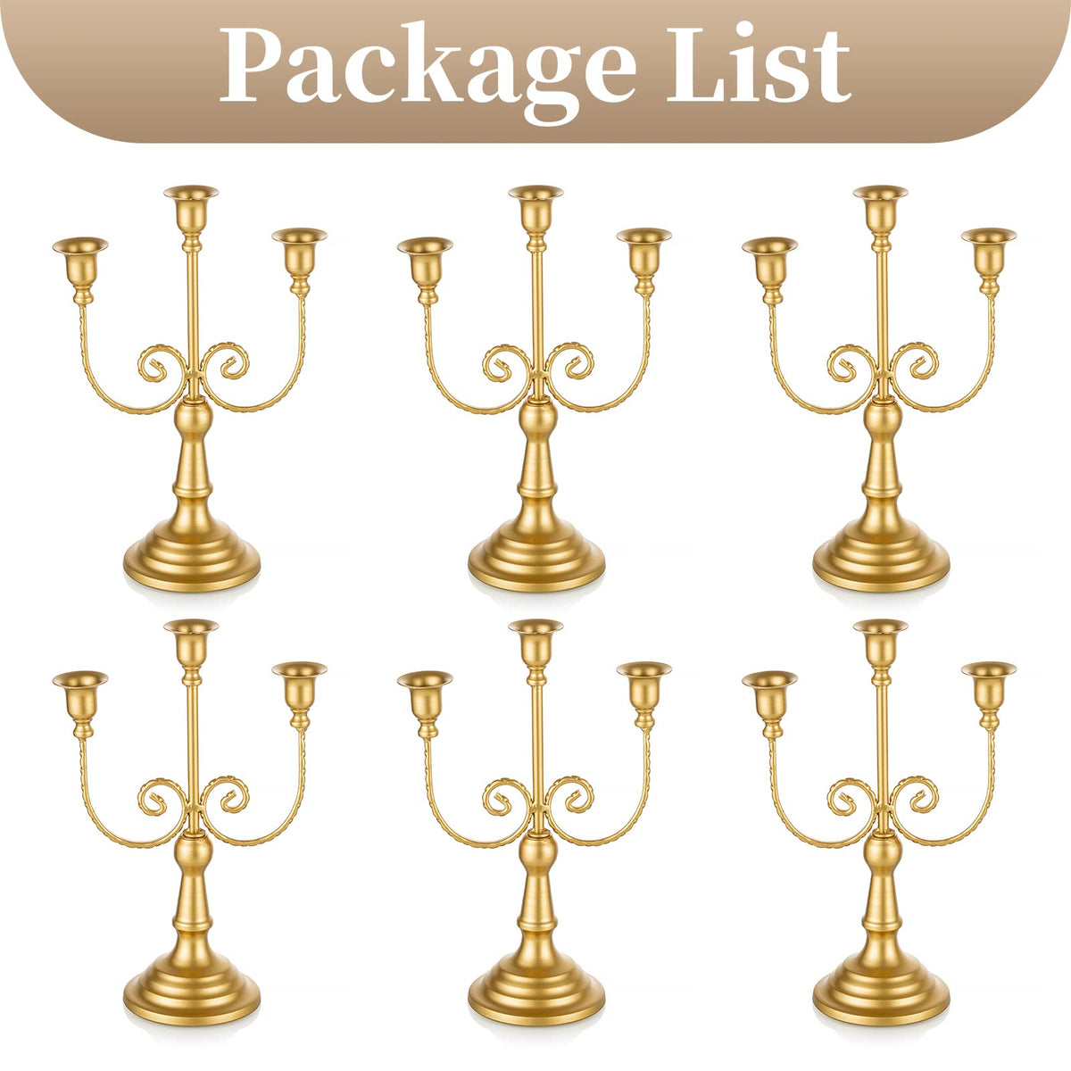 Sziqiqi Gold Taper Candle Holder for Centerpiece - 3-arm Candlesticks Holder for Wedding Table Centerpieces Metal Candle Stick Holders for Fireplace Mantle Set of 6