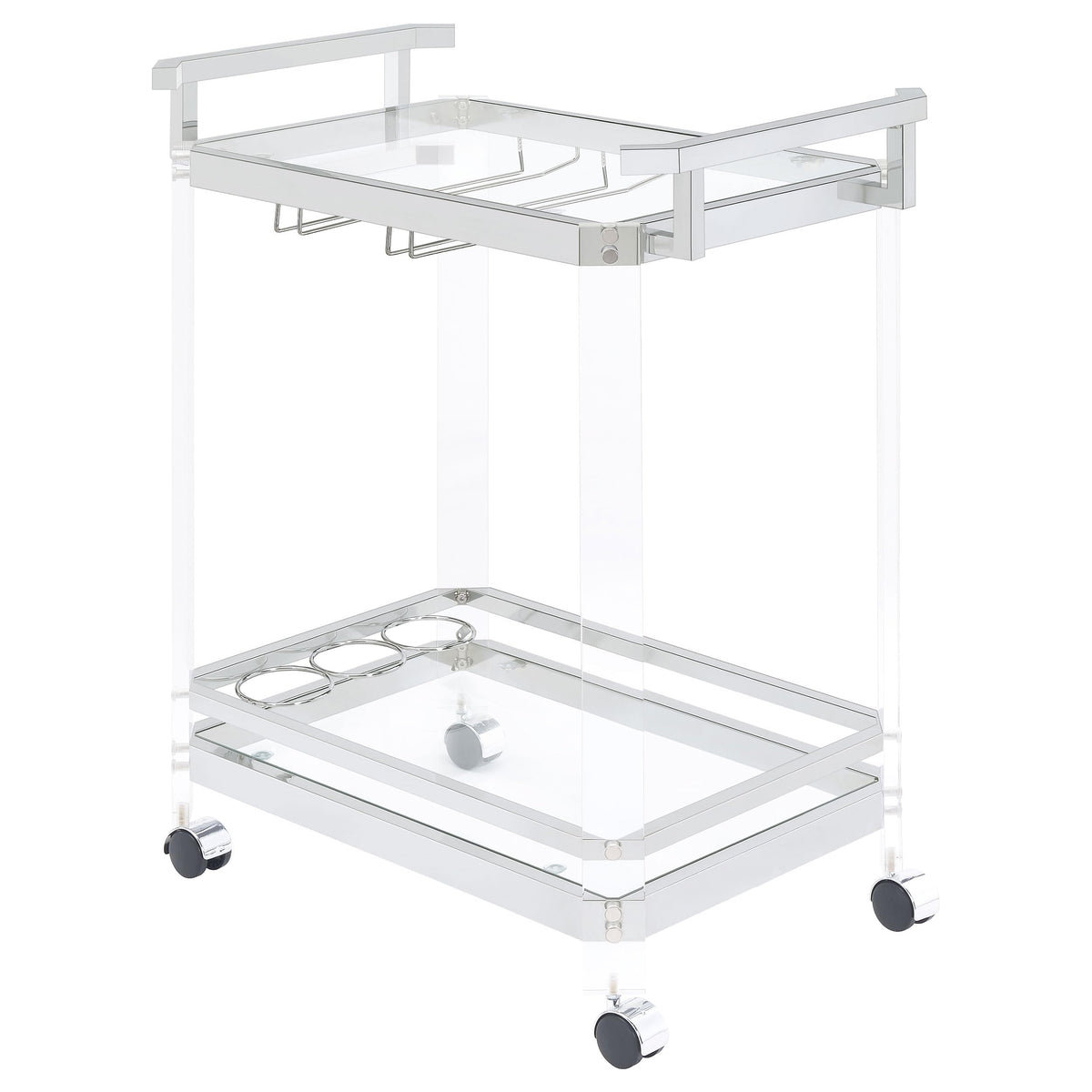 BOWERY HILL Bar Cart, Chrome Finish, Acrylic and Metal Frame with Glass Shelves, 35" H x 28.5" W x 17.25" D, Wine Bottle and Stemware Racks, Contemporary Style Serving Cart with Wheels