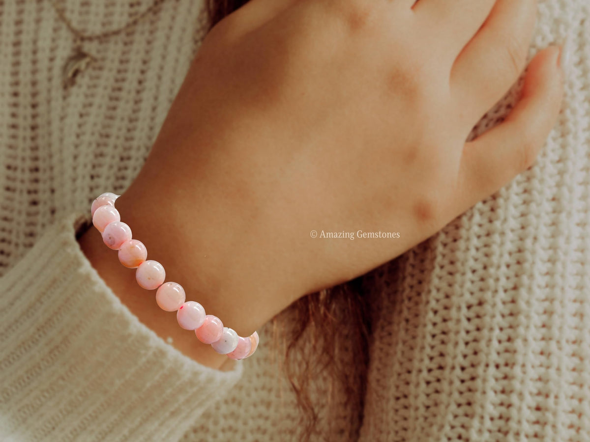 Amazing Gemstone Pink Opal Bracelet, Gifts For Men & Women - Protection Healing Crystal Bracelet - 8mm Gemstone Beaded Adjustable Bracelet, Pulseras Para Hombres Mujer Stocking Stuffers