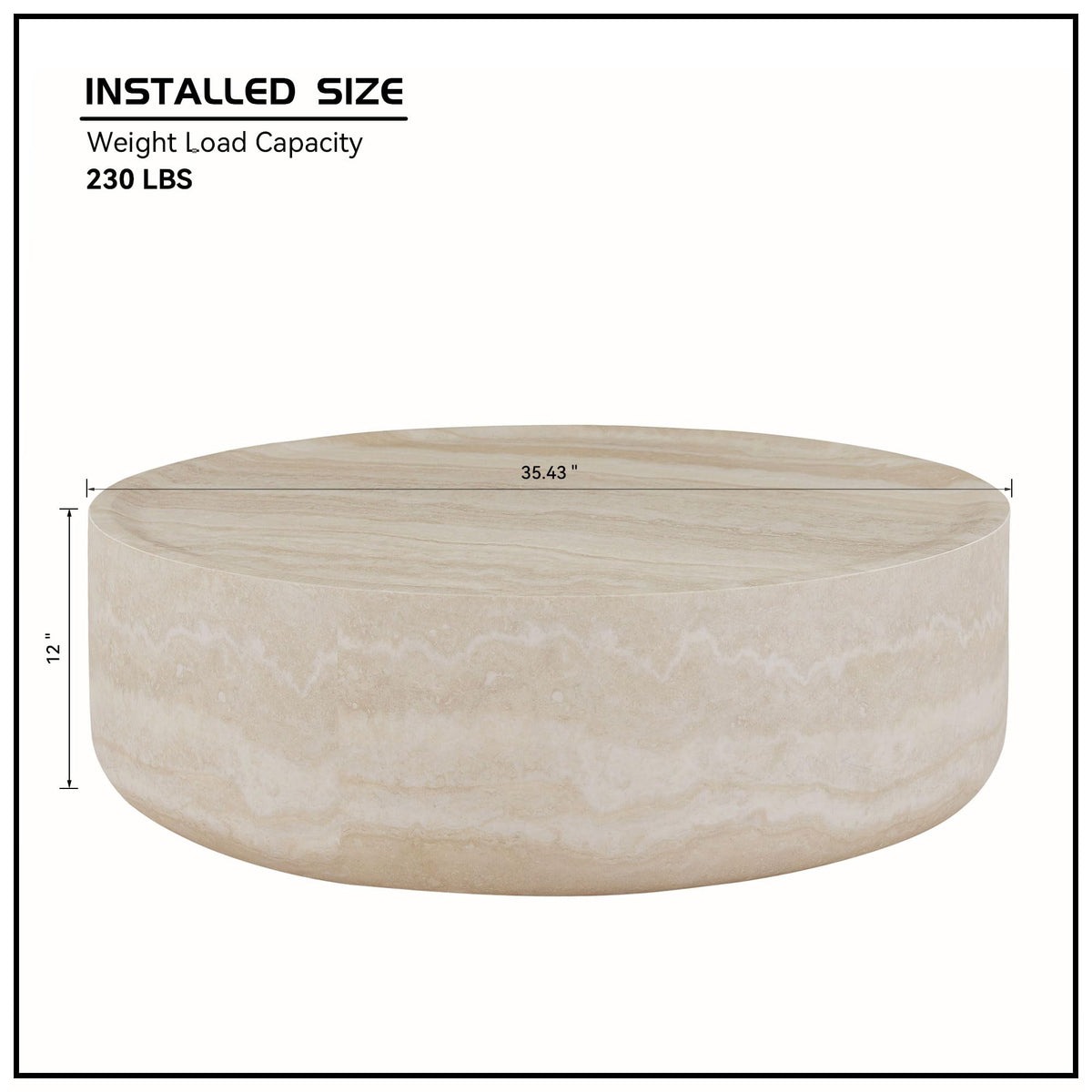 KEIKI 35" Round Fiberglass Coffee Table with Faux Mars Pattern, Modern Style Circle Coffee Table with Faux Travertine Textured, No Assembly Required, for Living Room, Bedroom, Reception Room, Marble