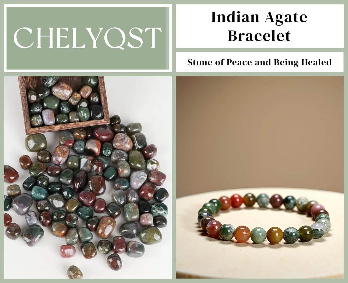 CHELYQST Indian Agate Bracelet - Stone of Peace and Being Healed,Stretch Natural Stone Crystal Beads Jewelry Gifts for Women Men Unisex Adult,8mm