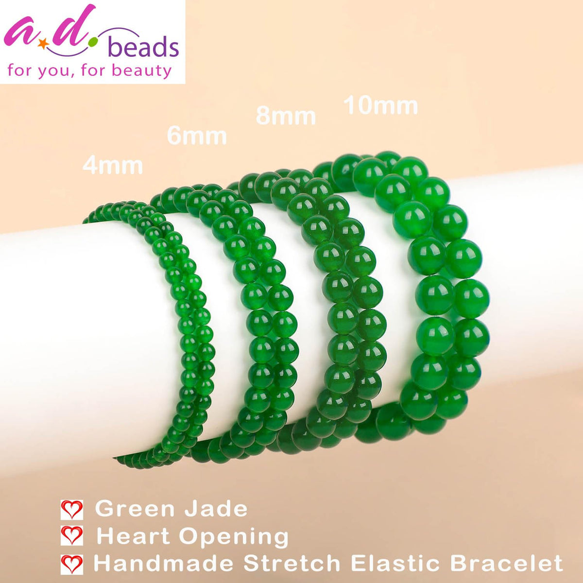 AD Beads Handmade Gemstone Stretch Elastic Bracelet Crystal Healing Reiki Nature's Beauty and Spiritual Essence Unisex (6mm, Green Jade (Heart Opening))
