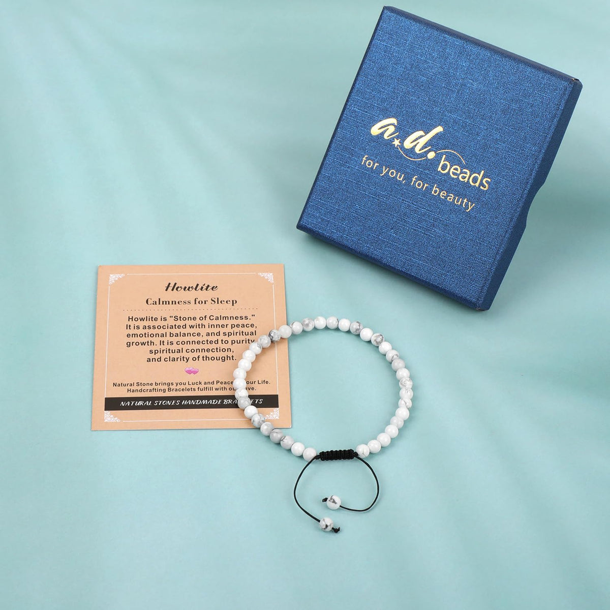 AD Beads 4mm Howlite - Calmness for Sleep - Handmade Natural Stone Crystal Bracelet with Adjustable Macrame String - Yoga Healing Power Energy Gifts for Men and Women