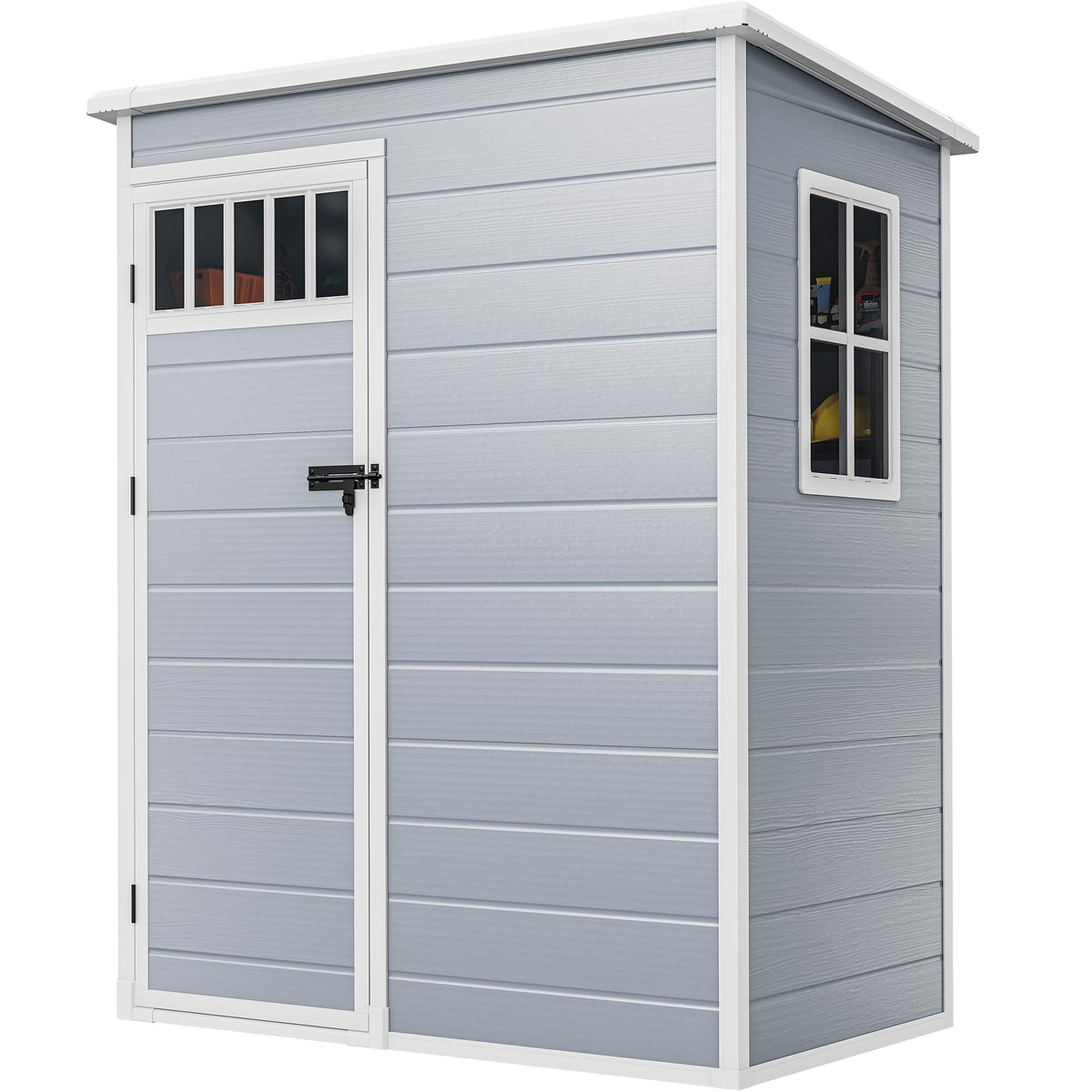 DWVO 5x3FT Outdoor Storage Shed with Fence-Style and Side Windows, Floor & Lockable Doors, Plastic Storage Shed for Backyard and Garden, Gray
