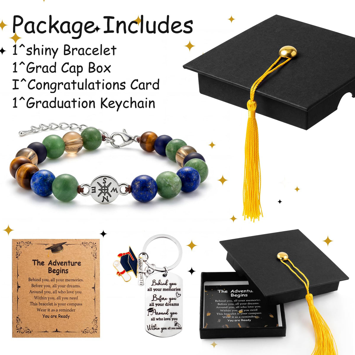 2026 Graduation Bracelet Gift Set for Her Him, 7 Chakra Bracelet & Matte Natural Stone Beaded Bracelet with Compass, Graduation Keychain, Inspirational Card & Gift Box for Middle High School Colle (Minimalist Matte)