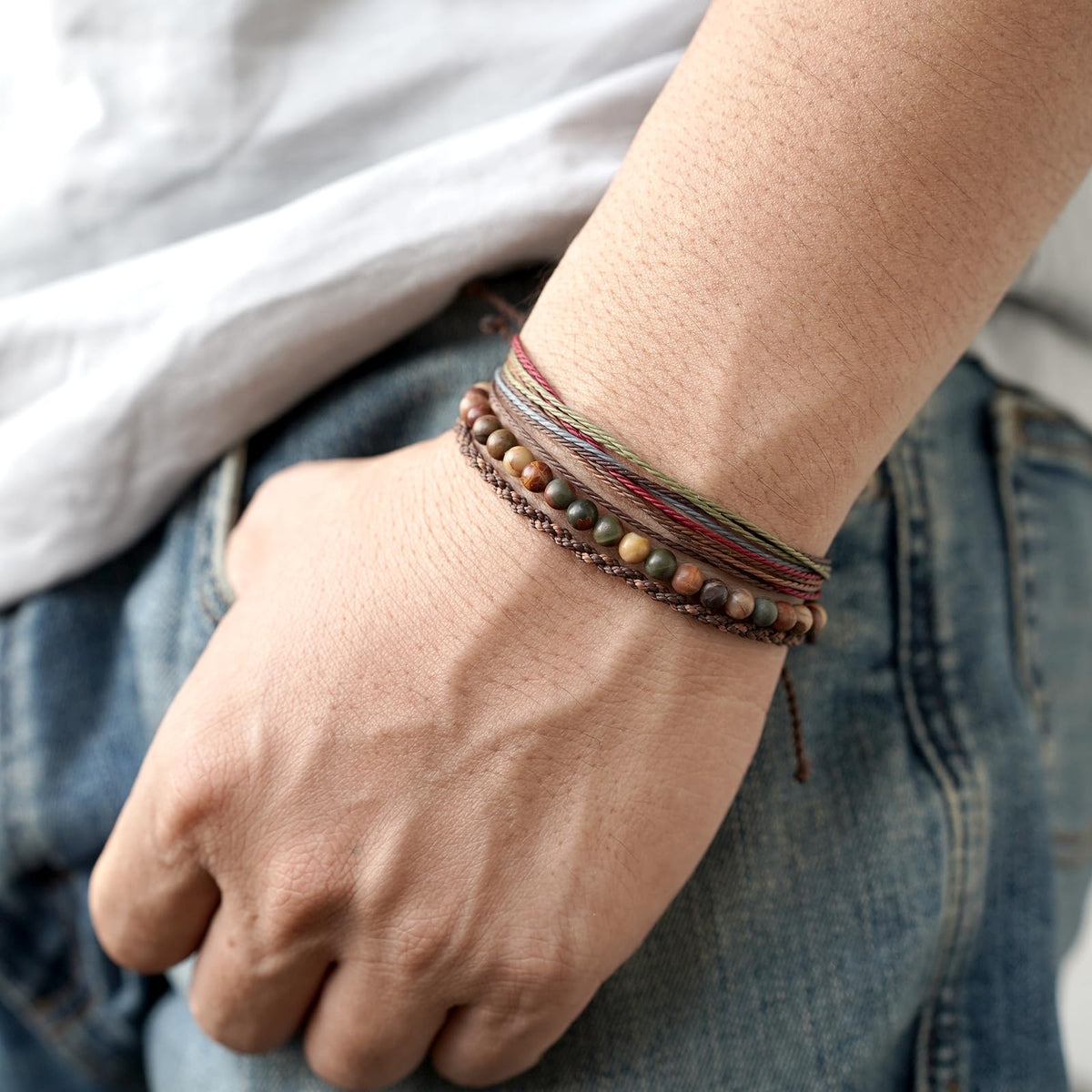 Handmade Natural Stone Beaded Healing Bracelet Gift for Men Adjustable Rope String Bracelet (Red Picasso, Adjustable)