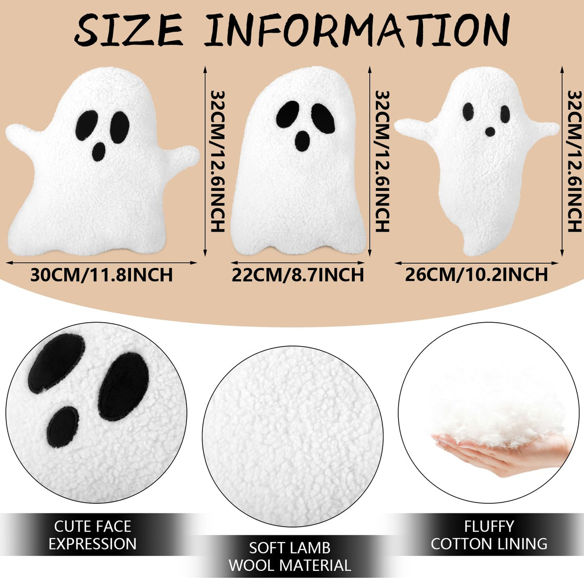 Soaoo 3 Pcs Halloween Pillows 12.6'' x 9.45'' Decorative Spooky Pillows for Sofa White Throw Pillows Decorative Plush Sofa Ghost Cushion for Indoors Home Outdoor Couch Kids