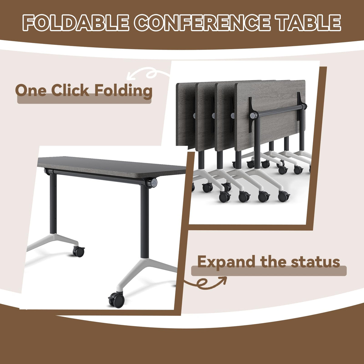 rzoizwko 55.1" Folding Conference Table with Wheels,4 Pack Heavy-Duty Flip-Top Reconfigurable Training Table System,Rolling Conference Room Tables for Office, Classroom & Meeting Rooms