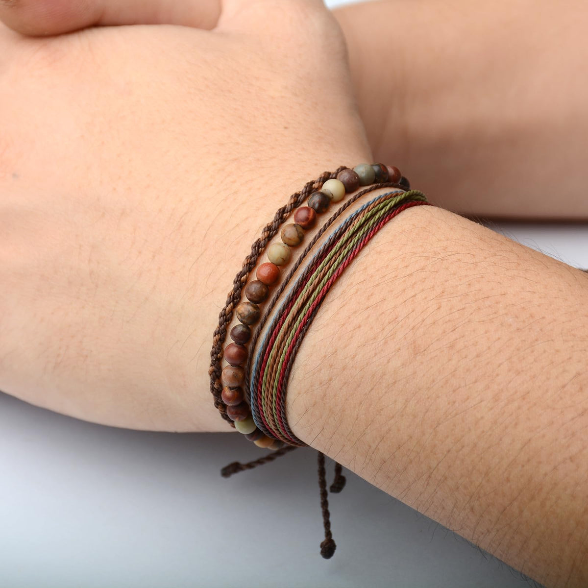 Handmade Natural Stone Beaded Healing Bracelet Gift for Men Adjustable Rope String Bracelet (Red Picasso, Adjustable)