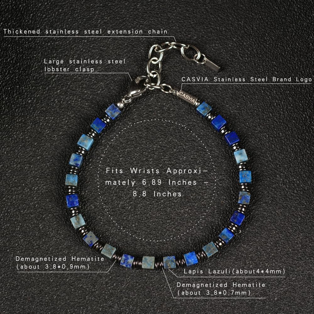 Casvia Men's Lapis Lazuli & Hematite Beaded Bracelet, Handmade Adjustable Stainless Steel Chain, Chakra Jewelry Gift for Dad, Husband, Boyfriend | Hematite Stone Bracelet