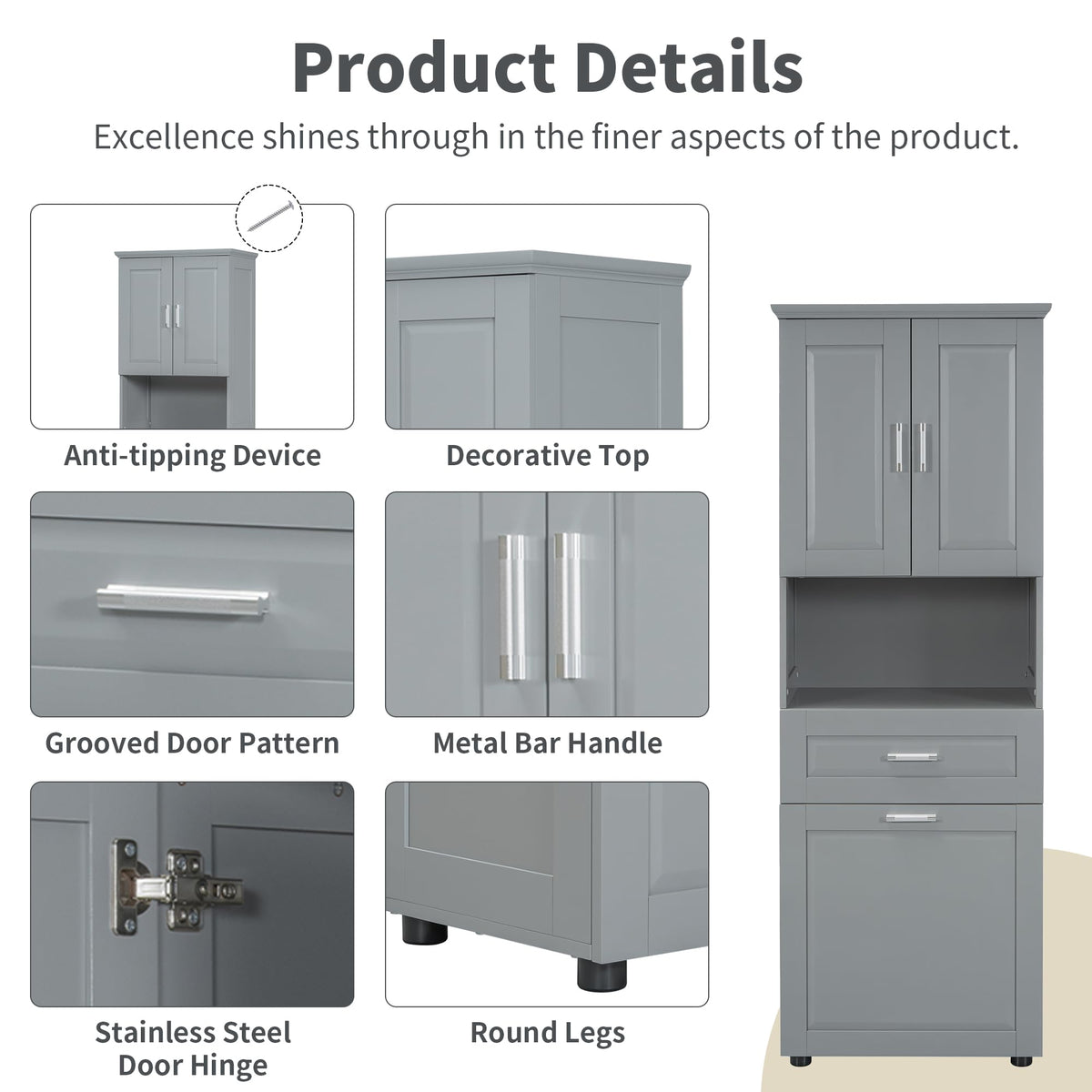 Storage Cabinet with Doors and Drawer, Multi-Functional Bathroom Storage Organizer with Laundry Hamper Basket and Open Shelf, Soft-Closing Door, Gray