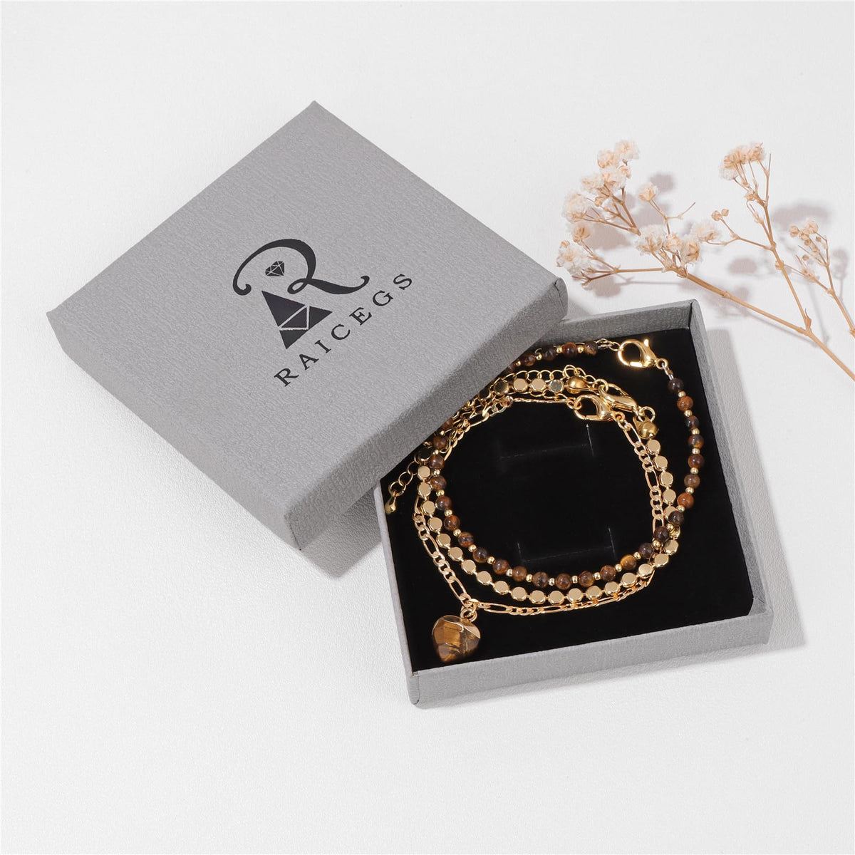 Raicegs Tigers Eye Bracelets Set Stone Bracelet for Women Layered Crystal 3mm Beads Bracelet Adjustable Bracelet for Women Dainty Bracelet