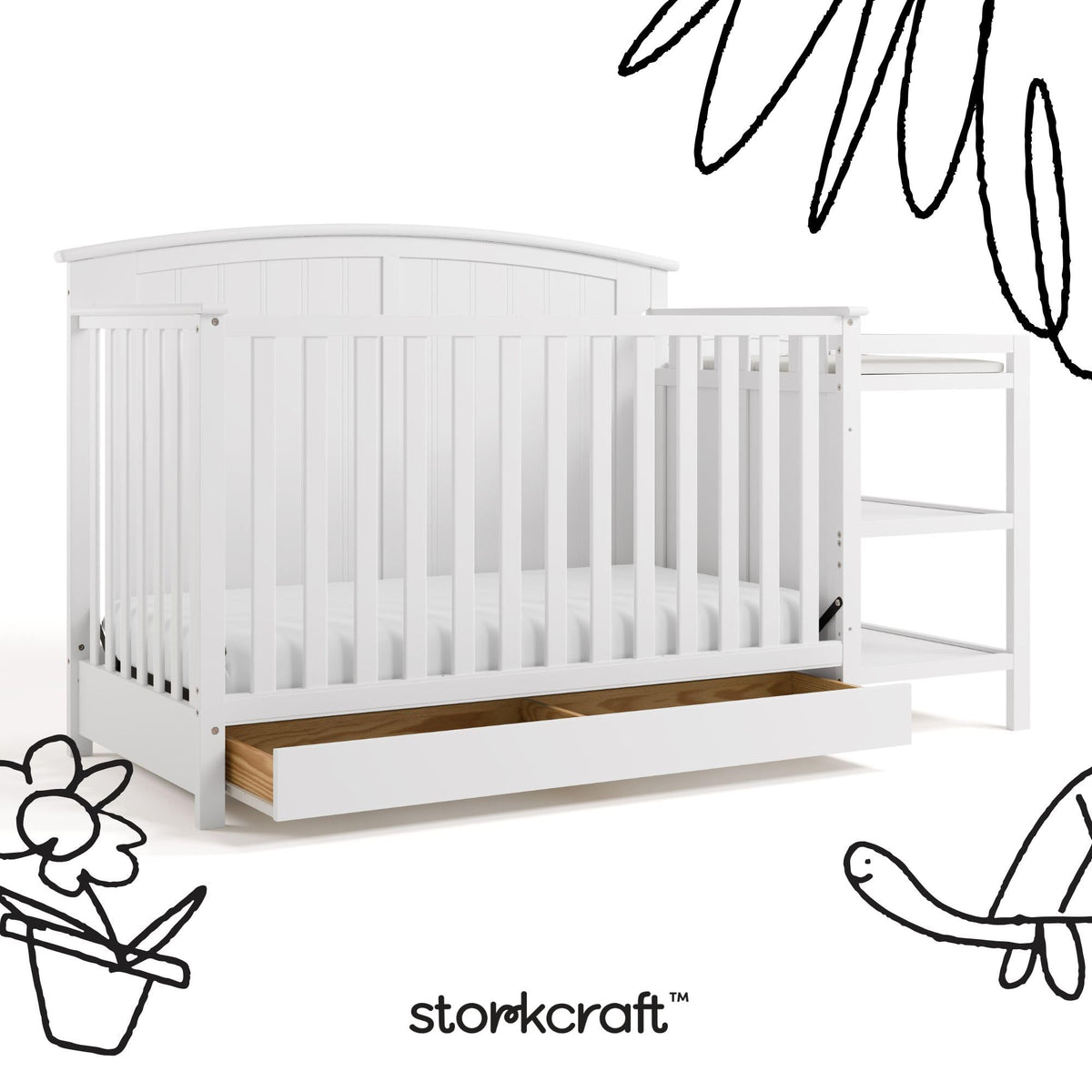 Storkcraft Steveston 5-in-1 Convertible Crib & Changer – GREENGUARD Gold Certified, Fits Standard Crib Mattress, Converts to Toddler Bed and Full Bed, 4 Adjustable Mattress Heights (White)